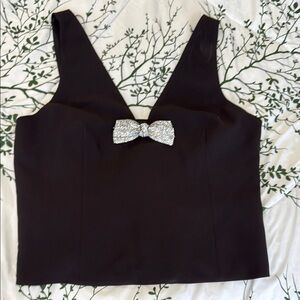 Elegant Black Top with Silver Bow
